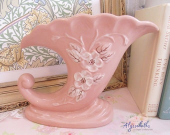 Vintage Hull Pottery Pink and White Rosella Floral Cornucopia Vase, R-13 Retro 1940s Decor