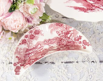Vintage Royal Staffordshire Red Transferware Bone Dish, "Tonquin" by Clarice Cliff England, Crescent Shaped Trinket Dish
