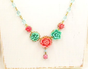 Chic Pink and Aqua Beaded Flower Statement Necklace, Garden Wedding Statement Necklace, Flower Cabochon Necklace