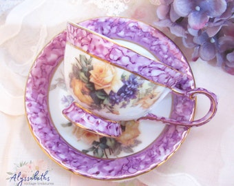 Vintage Ornate Hand Painted Yellow Rose and Purple Floral Porcelain Teacup and Saucer Set, Painted by Betty Platner