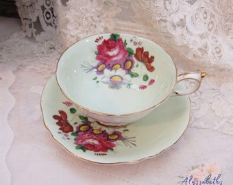 Rare Vintage Paragon Bone China Mint Green with Pink Roses and Multi Color Woodland Floral Teacup and Saucer Set with Gold Rim