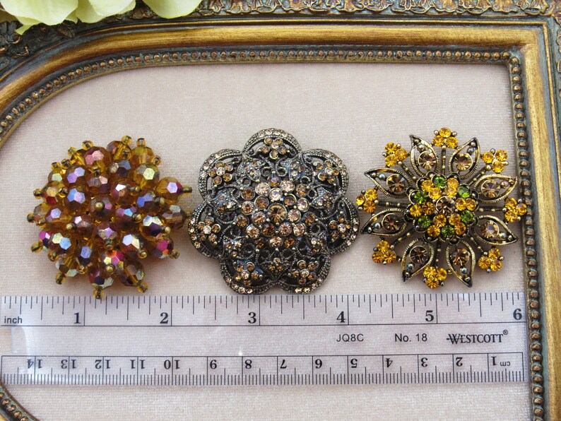Vintage Large Fall Rhinestone and Beaded Brooch Lot, Mixed Set of Smoke ...