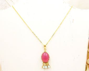 Feminine Rose Opal Charm Pendant Necklace, Vintage Rose Pink Opal & Mint Green Swarovski Rhinestone Pendant Necklace Gold Chain