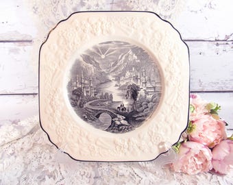 Vintage George Jones & Sons Rhapsody with Black Transferware Scenic Center 8.25" Square Plate with Floral Relief Border