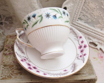 Vintage Mixed Floral Colclough Bone China Cup and Saucer Set, Retro Pink and Blue Floral Teacup Set