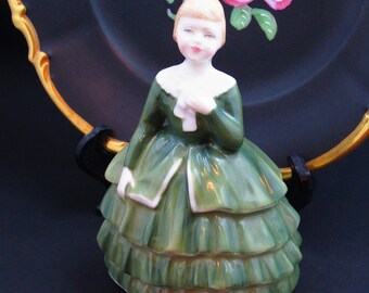 Vintage Royal Doulton Belle Figurine  H.N. 2340, Hand Painted Girl Fine China Art Deco 1930s Porcelain Figure in a Green and Pink Dress
