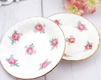 Vintage Chic Pink Roses on White Butter Pats, Small Adderley Lawley Bone China Plates, English Porcelain Pink Rose Butter Pats Pair