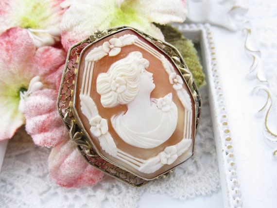 Rare Antique Octagon Genuine Shell Cameo Brooch, … - image 2