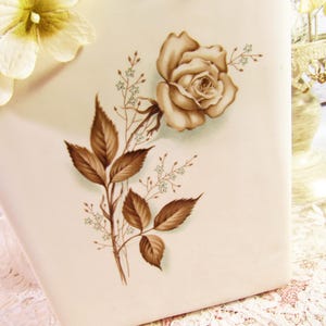 May include: A cream-coloured decorative box with a detailed illustration of a rose and leaves in shades of brown. The floral design is centred on the box, with a delicate, vintage aesthetic. The box is placed on a lace surface.