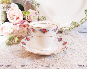 Vintage Pink Rose Bouquet Tea Cup and Saucer Set, English Colclough Bone China Cup & Plate Set, Tea Time Pattern 46
