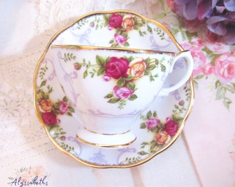 Vintage Royal Albert Rose Cameo Violet Teacup and Saucer Set, Romantic Roses English Malvern Shaped Tea Cup Set