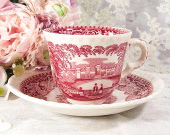 Vintage Mason's "VISTA" Red Transferware Demitasse Cup & Saucer Set, Pink Scenic and Floral English Ironstone Transferware
