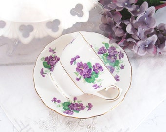 Vintage Purple Violets Colclough Teacup and Saucer Set, English Bone China Tea Cup Bridal Gift