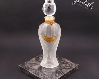 Vintage 1950s Guerlain Shalimar Paris Perfume Bottle, Clear and frosted glass bottle with rosebud stopper.