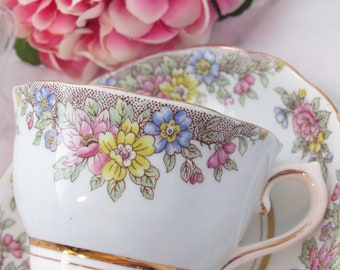 Vintage Pale Blue and Bright Floral Colclough Teacup and Saucer Set #6569, English Bone China Tea Cup, Garden Party