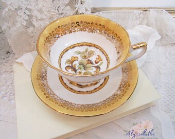 Vintage Elizabethan Staffordshire Yellow Versailles Teacup and Saucer Set, Ornate Filigree Gold Gilt English Cup and Saucer Pair