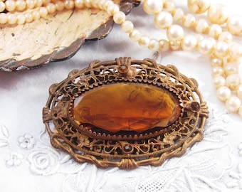 Vintage Art Deco Oval Patina Metal Filigree and Faceted Topaz Glass Stone Brooch 49x35mm Max Neiger Style