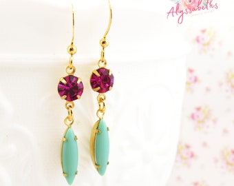 Spring Mint Green and Fuchsia Rhinestone Earrings Dangles with Gold French Ear Wires, Gifts for Her