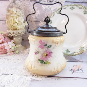 Antique Hand Painted Pink Daisy Mt. Washington Satin Glass Biscuit Jar with Van Bergh Silverplate Lid, 1890s Victorian Cracker Jar