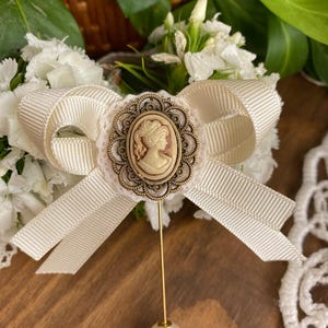 Handmade Collar Pin Pearl Cameo Madam For Women ,Female Ribbon Bow, Vintage Style Gift, Victorian Brooch Accessories, Elegant Office Fashion image 5