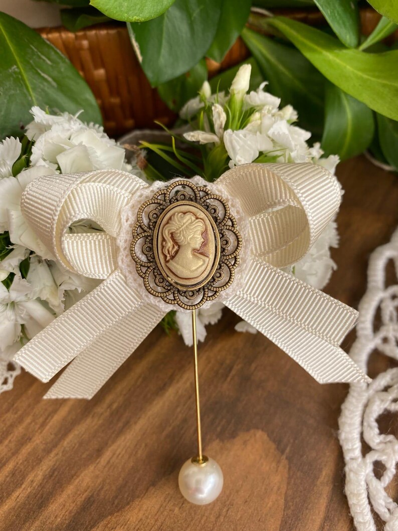 Handmade Collar Pin Pearl Cameo Madam For Women ,Female Ribbon Bow, Vintage Style Gift, Victorian Brooch Accessories, Elegant Office Fashion image 5