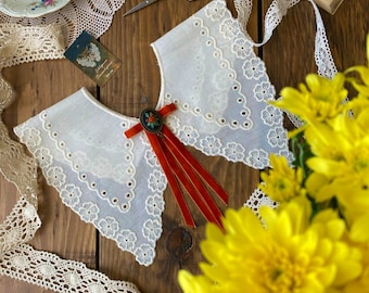 Detachable Peter Pan Collar Set, Removable Vintage Lace Dress Collar, Hand Embroidery Velvet Ribbon Brooch, Mothers Day Gift, Teacher Gift