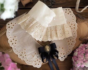 Handmade Lace Peter Pan Collar Set, Victorian Detachable Fake Collar & Cuffs, Vintage Style Cameo Madam Brooch Accessories, For Women Gift,