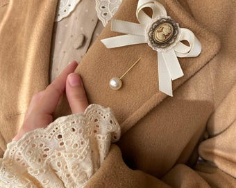 Handmade Collar Pin Pearl Cameo Madam For Women ,Female Ribbon Bow, Vintage Style Gift, Victorian Brooch Accessories, Elegant Office Fashion