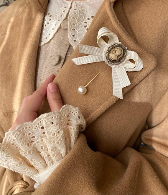 Handmade Collar Pin Pearl Cameo Madam For Women ,Female Ribbon Bow, Vintage Style Gift, Victorian Brooch Accessories, Elegant Office Fashion