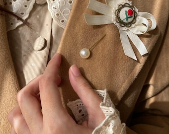 Hand Embroidery Rose Collar Pin Pearl For Women, Female Ribbon Bow, Vintage Style Gift, Victorian Brooch Accessories, Elegant Office Fashion