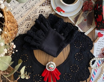 Handmade Lace Peter Pan Collar Set, Vintage Hand Embroidery Brooch Accessories, For Women Gift, Victorian Detachable Collar & Cuffs