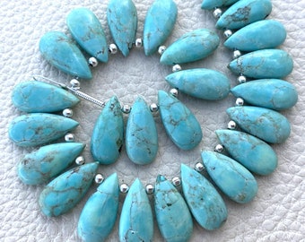 Calibrated Same Size, Extremely Rare Natural Tibet TURQUOISE Smooth Pear Shape Cabachons Briolettes, 4 Matched Pairs of 15x7mm Size.