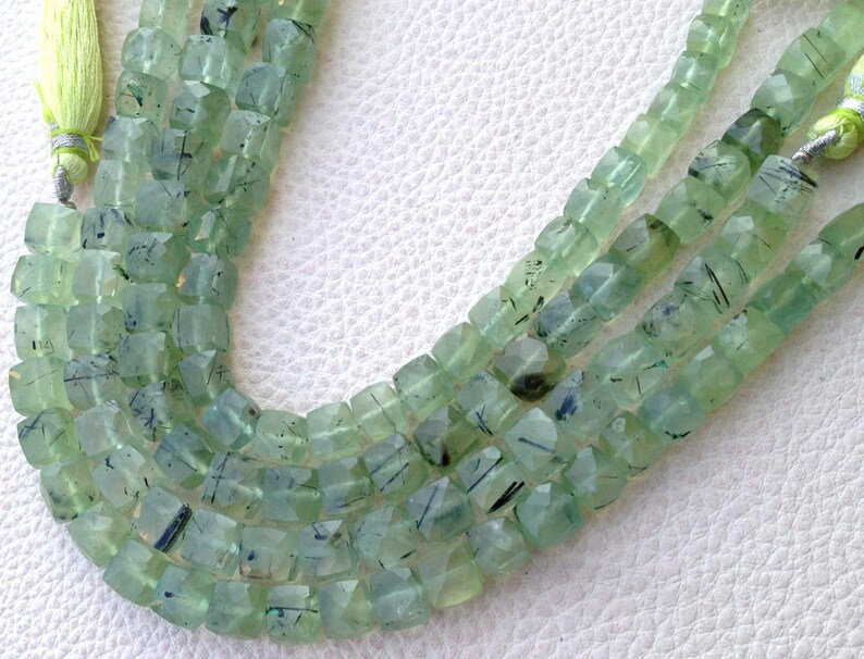 Brand New Finest Quality MOSS PREHNITE Faceted 3D Box 8-9mm Long,Superb Item at Low Price Full 8 Inch Long Strand