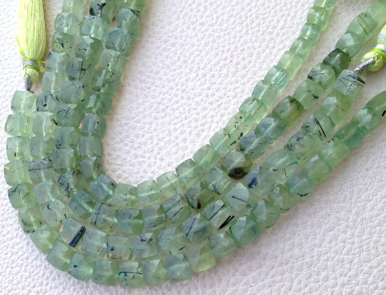 Brand New Finest Quality MOSS PREHNITE Faceted 3D Box 8-9mm Long,Superb Item at Low Price Full 8 Inch Long Strand