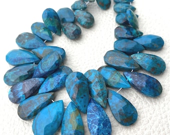 11 Pieces, Natural Blue Chrysocolla Faceted Elongated Pear Shape Briolettes,18-12mm Long,Finest Quality,Amazing Color Rare Item.