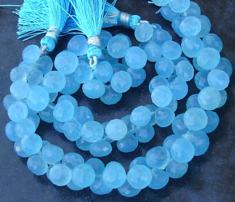 12 Strand 7-9mm Long size,GORGEOUS. NEW Colour SWISS Blue Chalcedony Micro Faceted Onions Briolettes