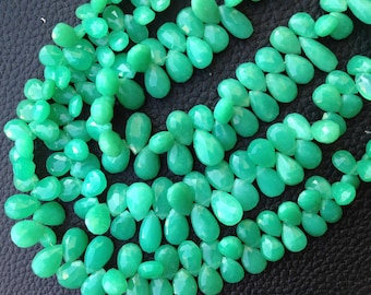 Full 6 Inch Strand, Unique CHRYSOPRASE Chalcedony Faceted Pear Shape Briolette,9-10mm, Great Item,Finest Quality