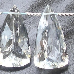 AAA Quality, 22mm Long Diamond White Rock CRYSTAL Quartz Faceted ELONGATED Trillion Shape Briolettes Matched Pair.