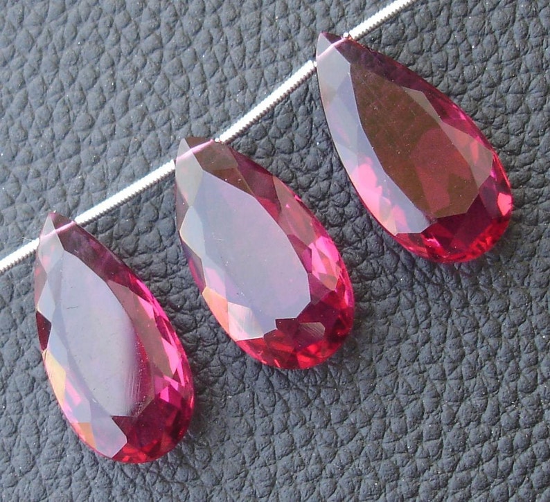 RUBY RED Quartz Faceted Elongated Pear Shape Briolettes,25mm Long Size,Superb Item 3 Pieces Set