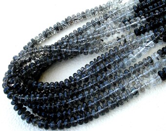 15 Inch Strand, Superb-BLACK RUTILATED Quartz Smooth Rondells, 7-8mm Long,Great Quality at Wholesale Price .