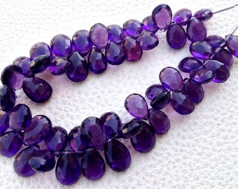 Full 8 Inch Long Strand, AFRICAN AMETHYST Quartz Faceted Pear Shape Briolettes, 9-10mm size,Superb Item at Low Price