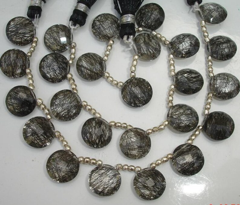 8 Inch Strand,Very-FINEST,Superb BLACK RUTILATED Quartz,11mm Faceted Coin shape Briolettes,