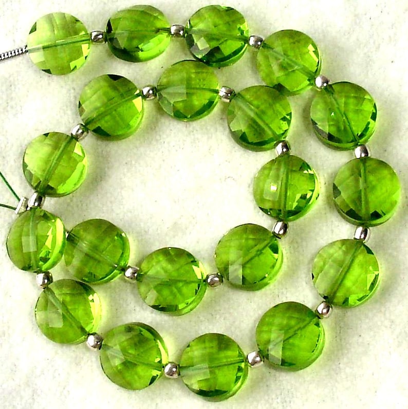 PARROT GREEN QUARTZ Faceted Flat Coin Shape Briolettes,8mm Size,Great Price Amazing Item New Arrival,8 Inch Long Strand