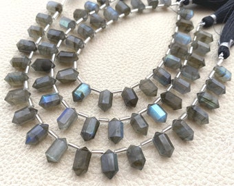 Full 7 Inch Long Strand,Natural Blue Flashy Labradorite Faceted 2 Side Pointed Pencil Shape Briolettes,12-11mm Long Shape Briolettes.