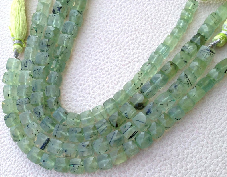 Brand New Finest Quality MOSS PREHNITE Faceted 3D Box 8-9mm Long,Superb Item at Low Price Full 8 Inch Long Strand