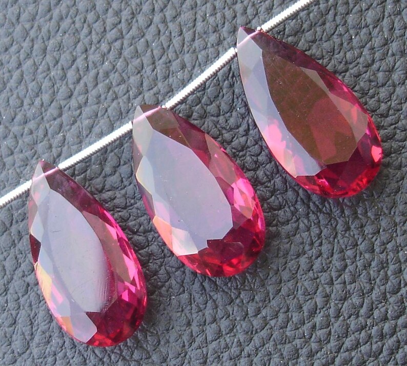RUBY RED Quartz Faceted Elongated Pear Shape Briolettes,25mm Long Size,Superb Item 3 Pieces Set