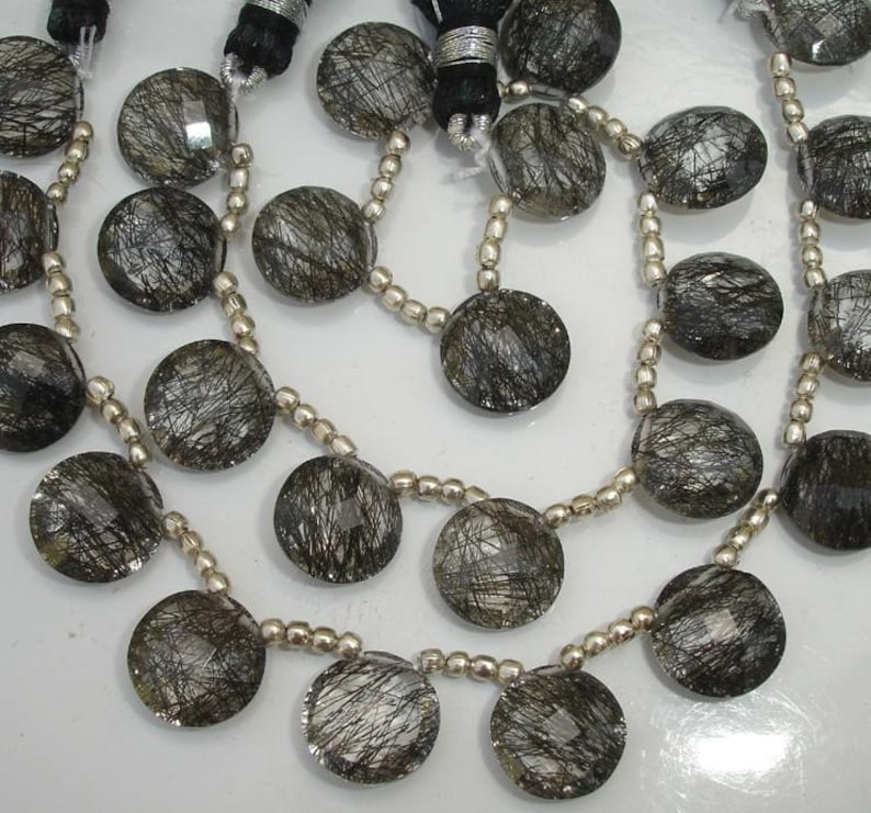 8 Inch Strand,Very-FINEST,Superb BLACK RUTILATED Quartz,11mm Faceted Coin shape Briolettes,