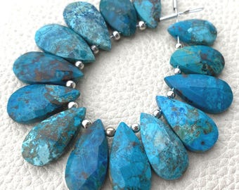 All 14 Pieces, Natural Blue Chrysocolla Faceted Elongated Pear Shape Briolettes,18-14mm Long,Finest Quality,Amazing Color Rare Item.