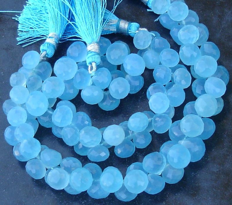 12 Strand 7-9mm Long size,GORGEOUS. NEW Colour SWISS Blue Chalcedony Micro Faceted Onions Briolettes