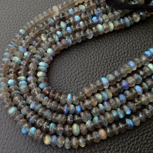 Brand New, Blue Flashy Labradorite Micro Faceted Rondelles, Full 8 inch Strand, 5-6mm, Superb Quality. at Low Price